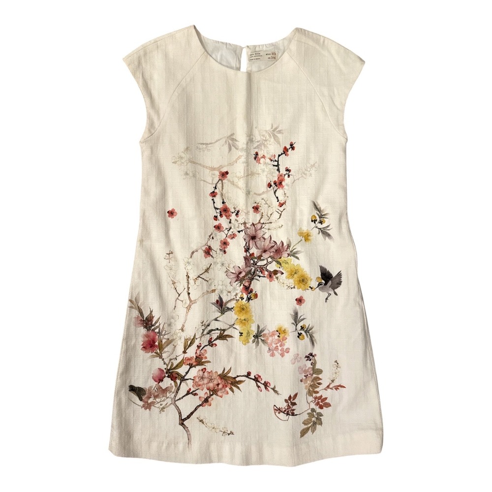Zara Cream Floral Embroidered Shift Dress with Pink and Yellow Accents